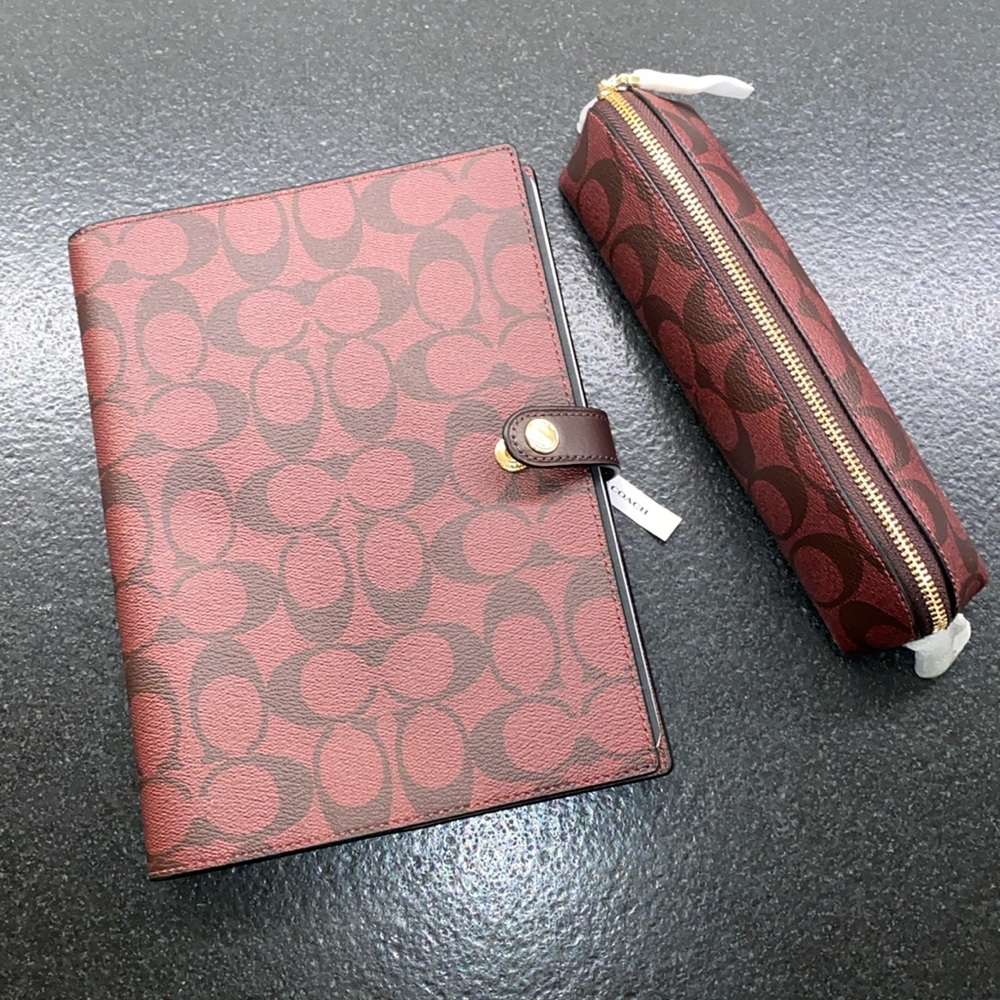NWT COACH Signature Canvas Notebook and Pencil Case Bundle Oxblood Gold Hardware